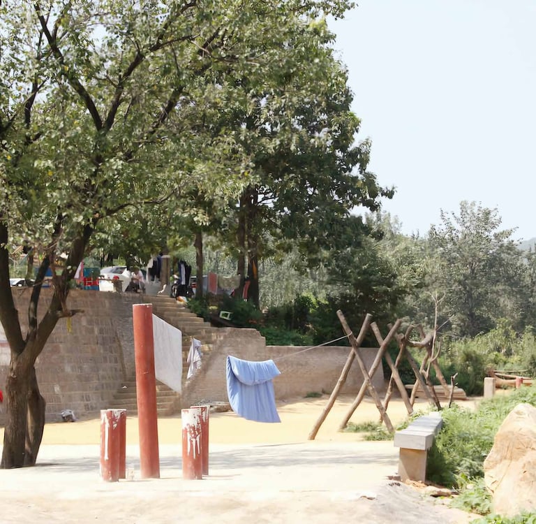 a clothesline with clothes hanging on a clothes line