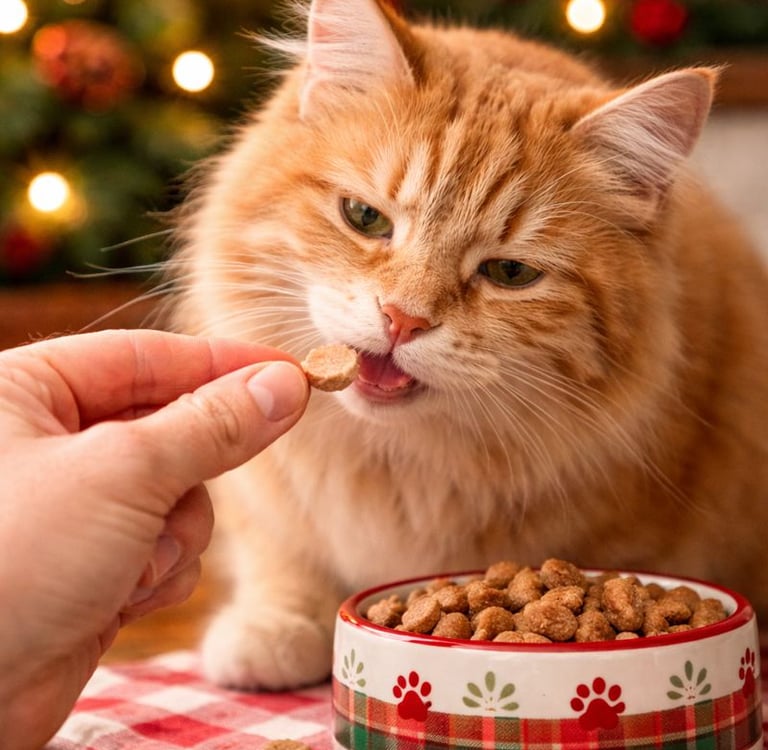 Cat eating a safe holiday treat.