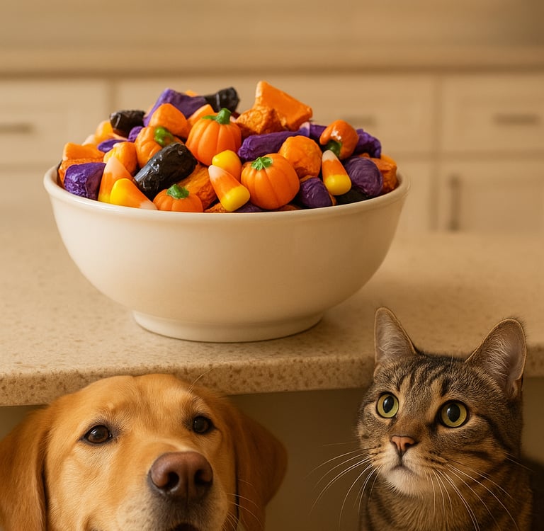 Dog and cat watching candy bowl kept out of reach in Burlington home.