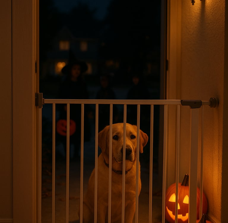 Dog behind gate watching trick-or-treaters outside Burlington home.