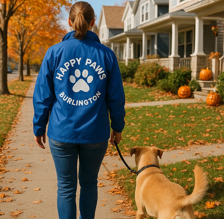 Happy Paws Burlington dog walker on fall walk with pet.