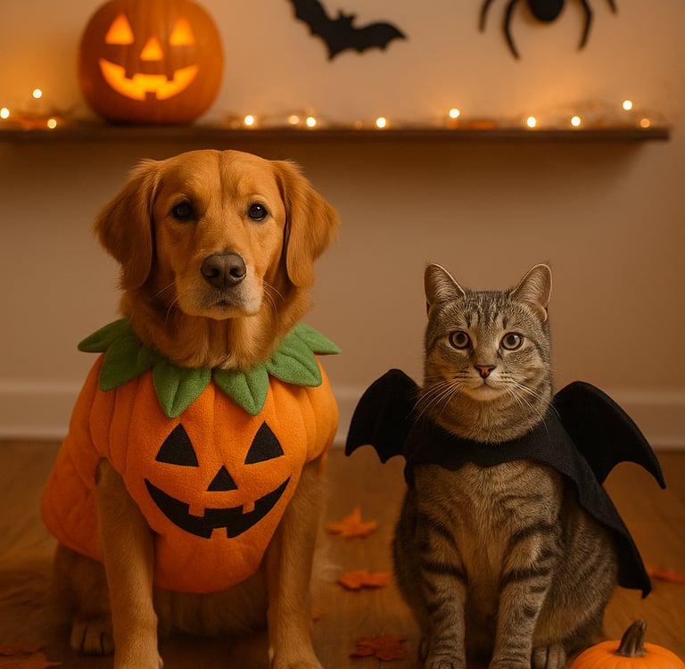 Dog and cat near safe Halloween decorations at home in Burlington.