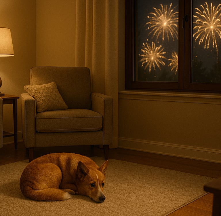 Dog feeling anxious while fireworks are outside.