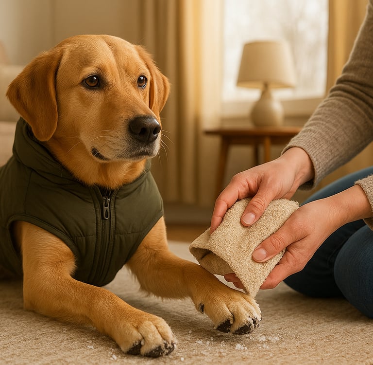 Cleaning dog paws after snowy winter walk to remove salt and ice in Burlington, Oakville, or Milton