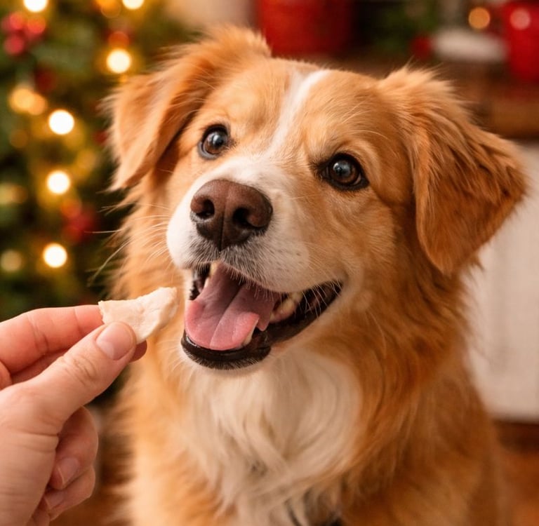 Dog enjoying a safe holiday treat indoors.