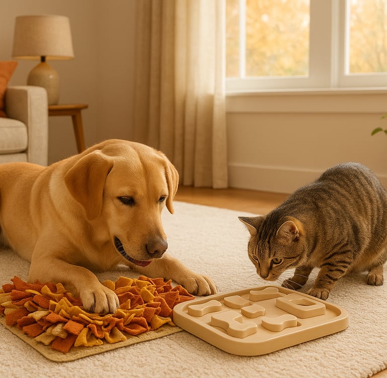 Indoor dog and cat enjoying enrichment activities in a Burlington, Milton and Oakville home.