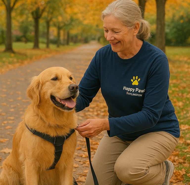 Burlington dog walker adjusting dog harness before solo walk