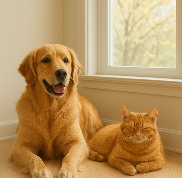 Dog and cat resting indoors near a window with blooming plants outside