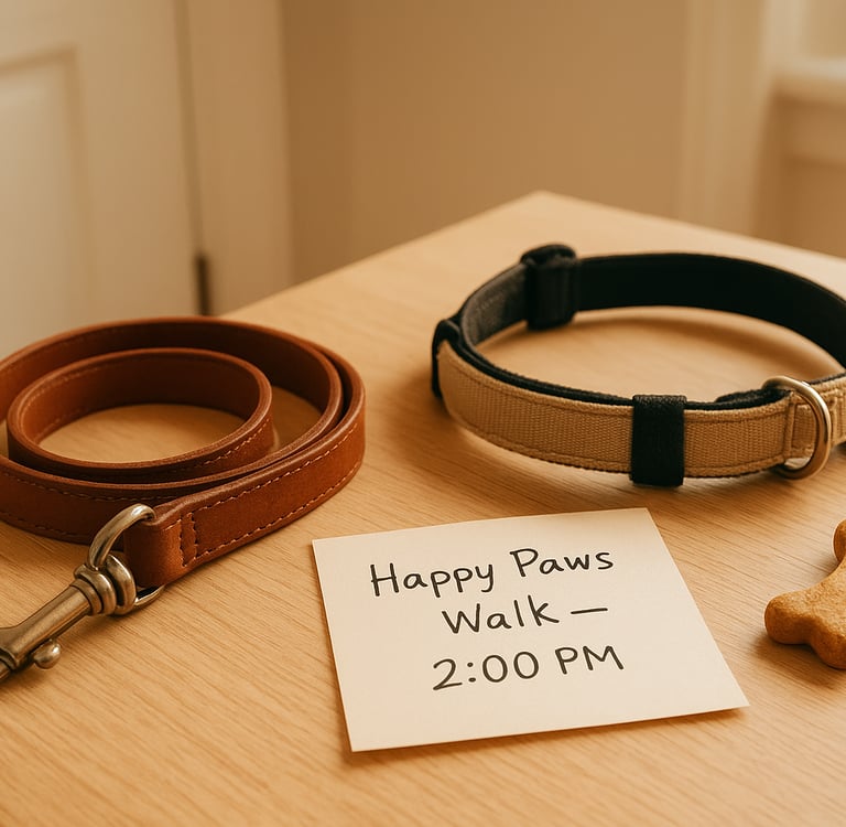 Leash and note ready by the door for a Happy Paws pet walk, symbolizing reliable pet care