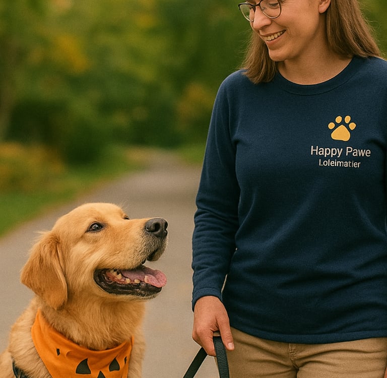 Dog bonding with walker during Burlington one-on-one walk