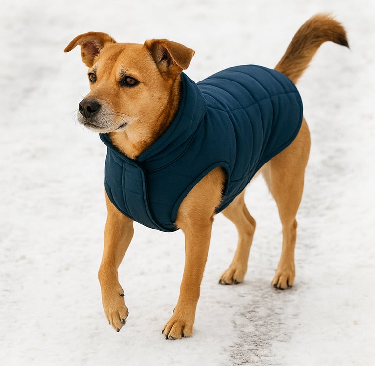 Dog enjoying a winter walk with a coat on a snowy sidewalk