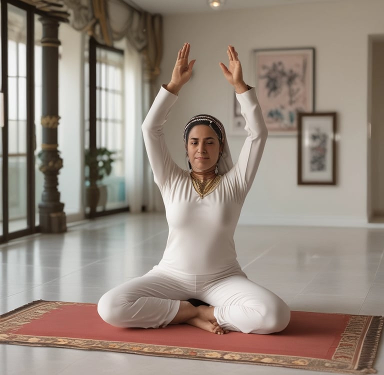 woman in hijab practicing online yoga from home in Dubai UAE