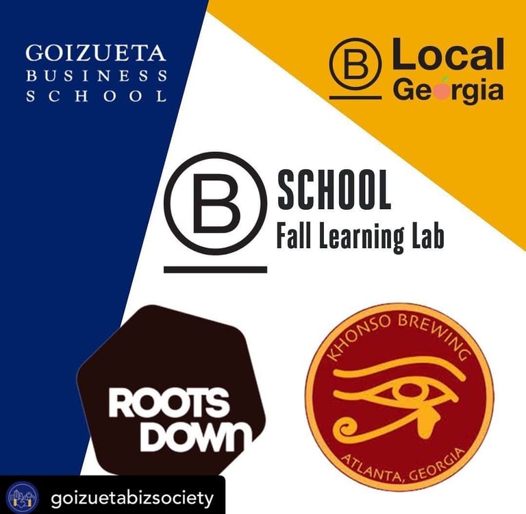 Logos for Emory Goizueta Business School, B Local Georgia, B School Fall Learning Lab, Roots Down, and Khonso Brewing.
