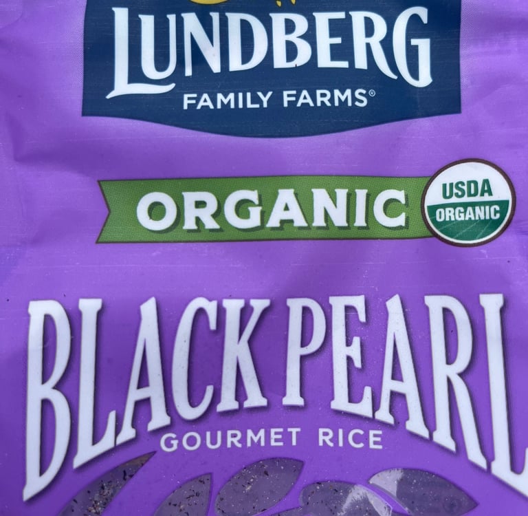 Lundberg Family Farms USDA Organic Black Pearl Gourmet Rice in a purple bag packaging.