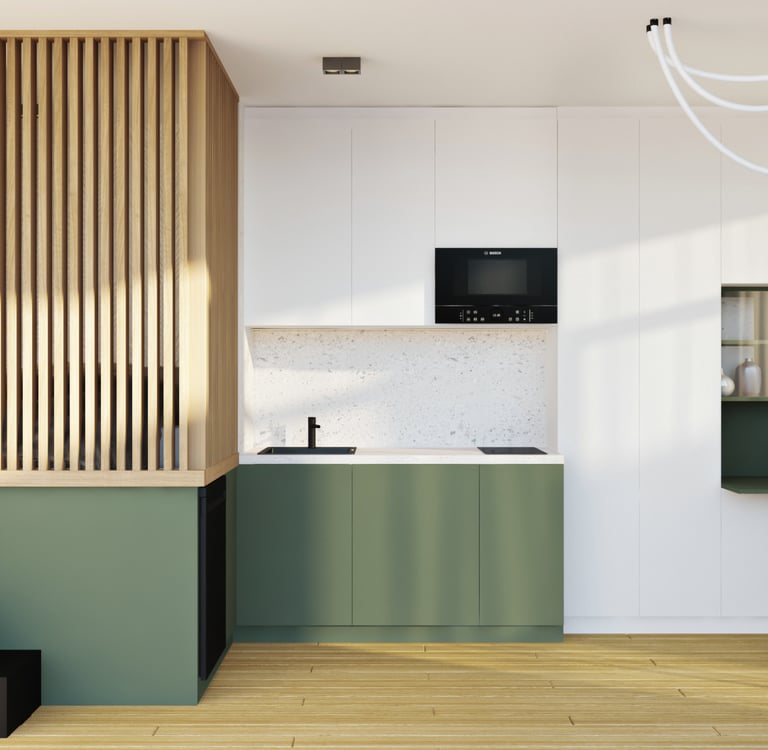A small apartment design that includes a bed, kitchen, and stairs, emphasizing functionality in limi