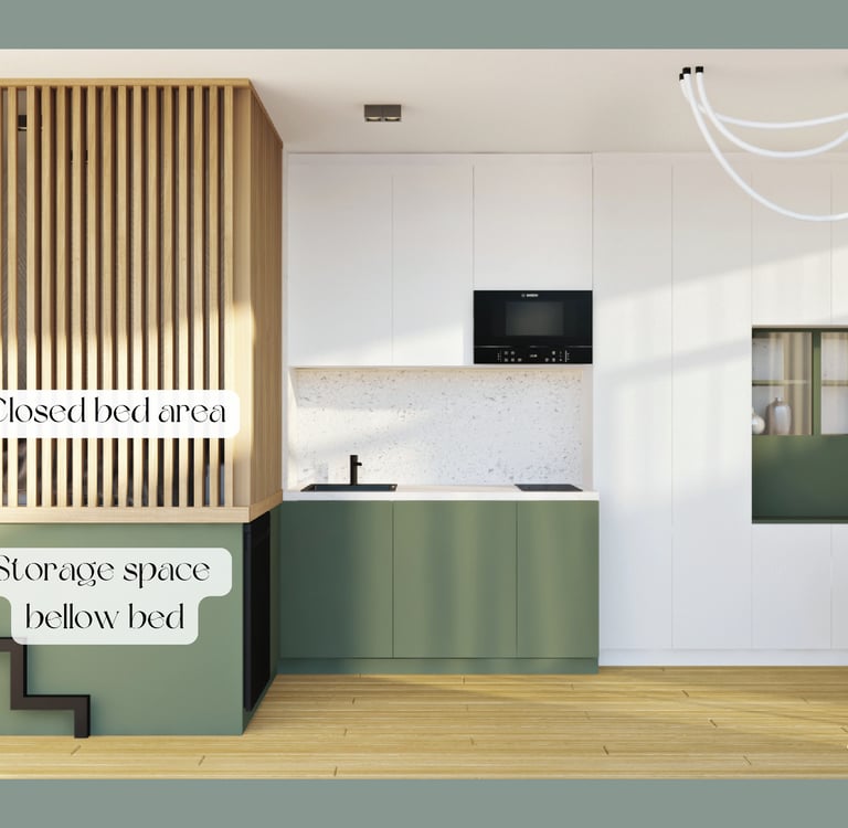 A small apartment design that includes a bed, kitchen, and stairs, emphasizing functionality in limi