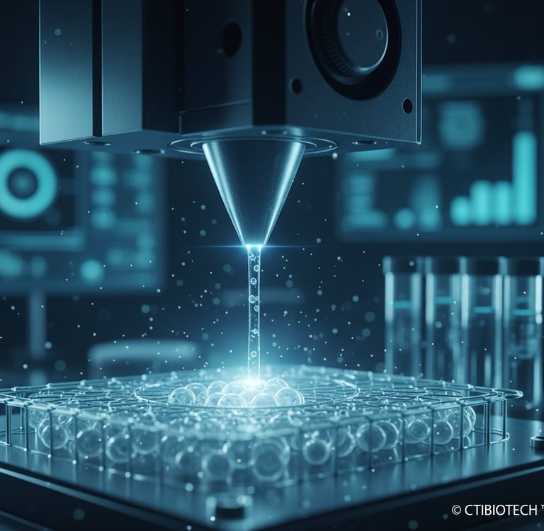 Precision 3D bioprinter nozzle depositing living cells onto a scaffold in a high-tech laboratory.