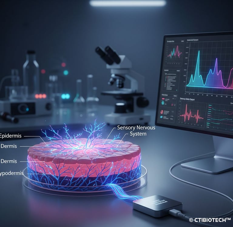 Laboratory cross-section of human skin layers showing sensory nervous system connected to digital monitors.