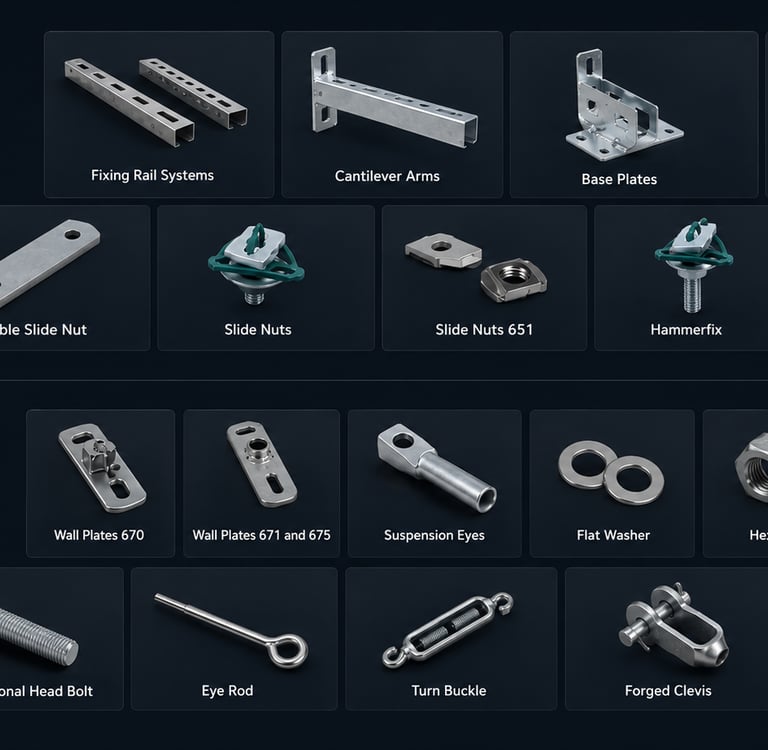 Industrial fixing systems and hardware accessories including cantilever arms, slide nuts, and hex bolts.