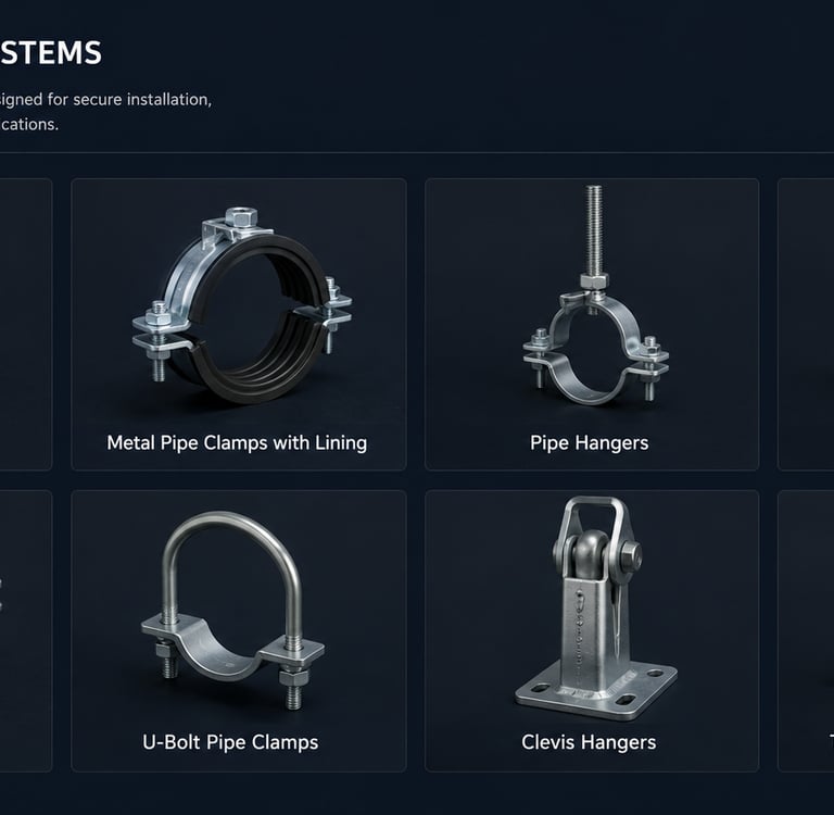 Industrial pipe support systems including metal pipe clamps, hangers, U-bolts, and clevis hangers for MEP applications.