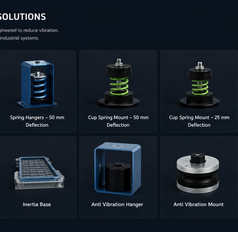 Industrial anti vibration solutions including spring hangers, cup mounts, and ribbed mounting pads.