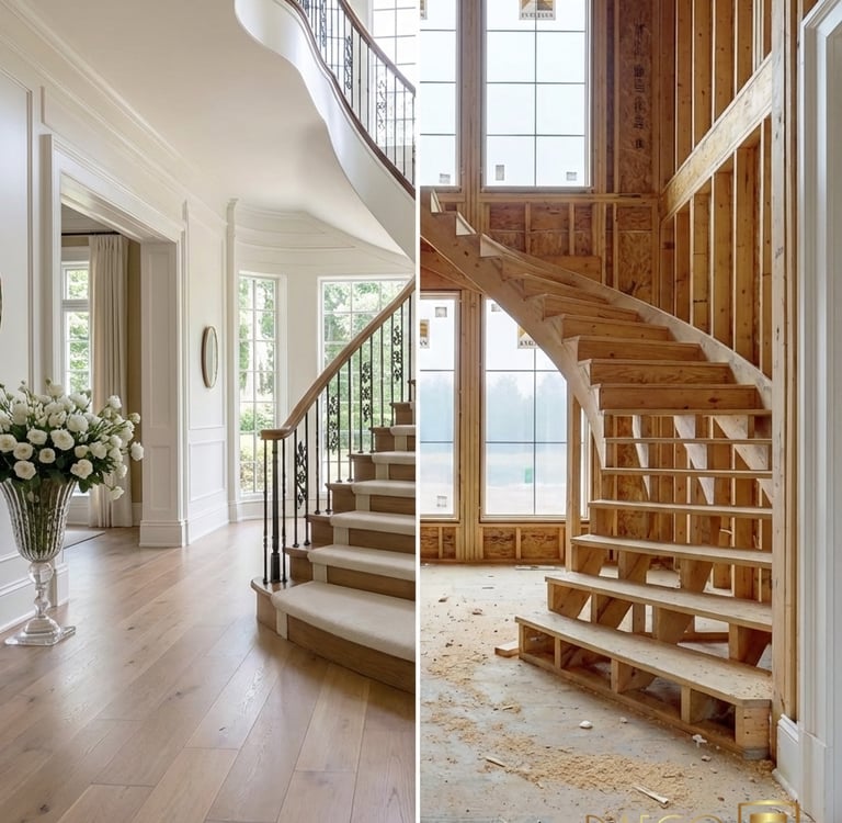 Split-screen comparison of a luxury custom home project by Daeco. Left: A finished high-end foyer fe