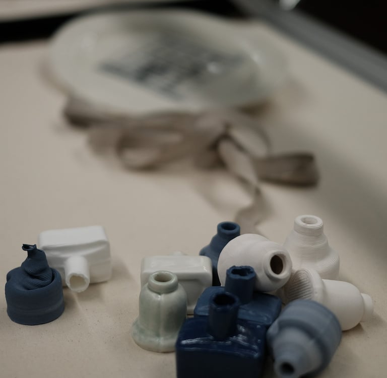 A group of small porcelain ink bottles,, in white and blue, are tumbled together in a display case