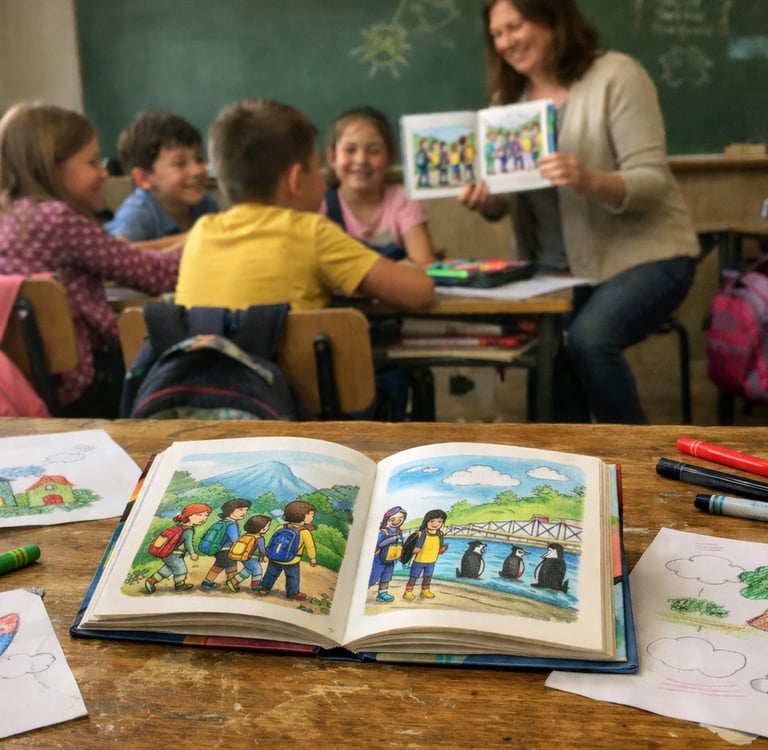 profesora explicando cuento a alumnos