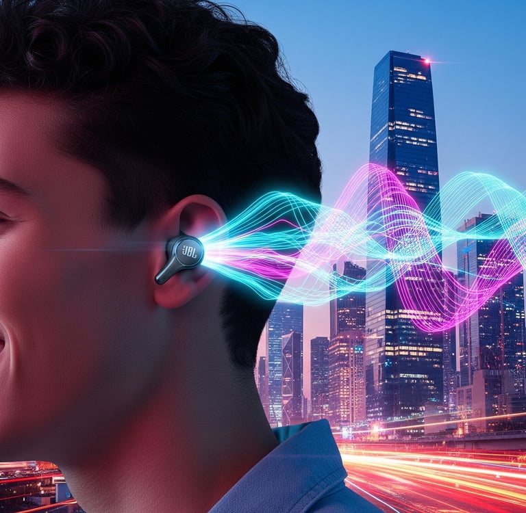 um homem com fones de ouvido e um fone de ouvido Bluetooth