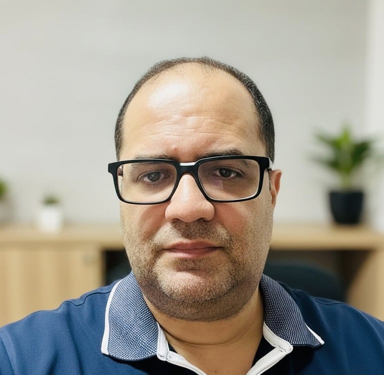 Professional man with black glasses and a blue polo shirt in a bright office setting.