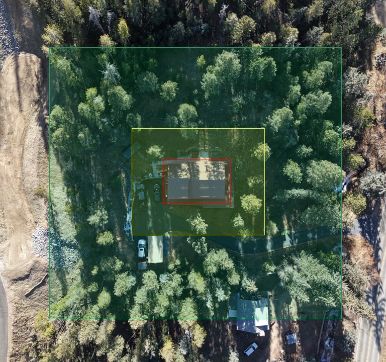 Drone image of a property in Evergreen, Colorado with ignition zones