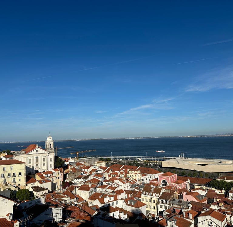 Vista do alto da cidade, vários telhados das casas e o Rio Tejo ao fundo
