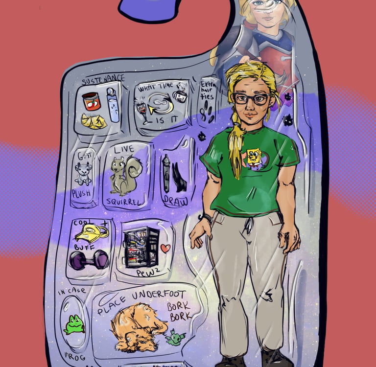 Digital illustration of a custom action figure toy packaging featuring a blonde woman with nerdy accessories.