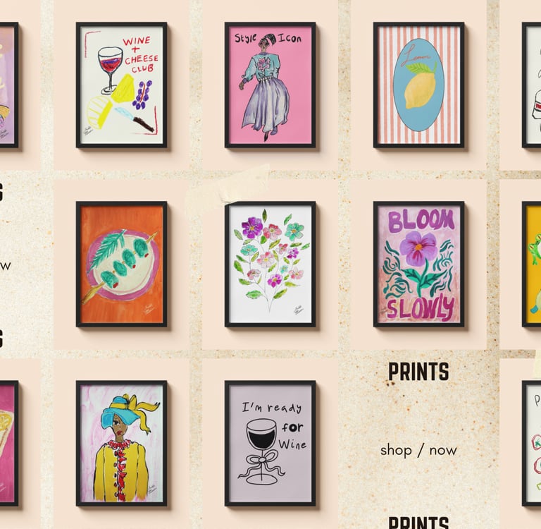 A collection of colorful framed art prints featuring whimsical illustrations and hand-lettered quotes.