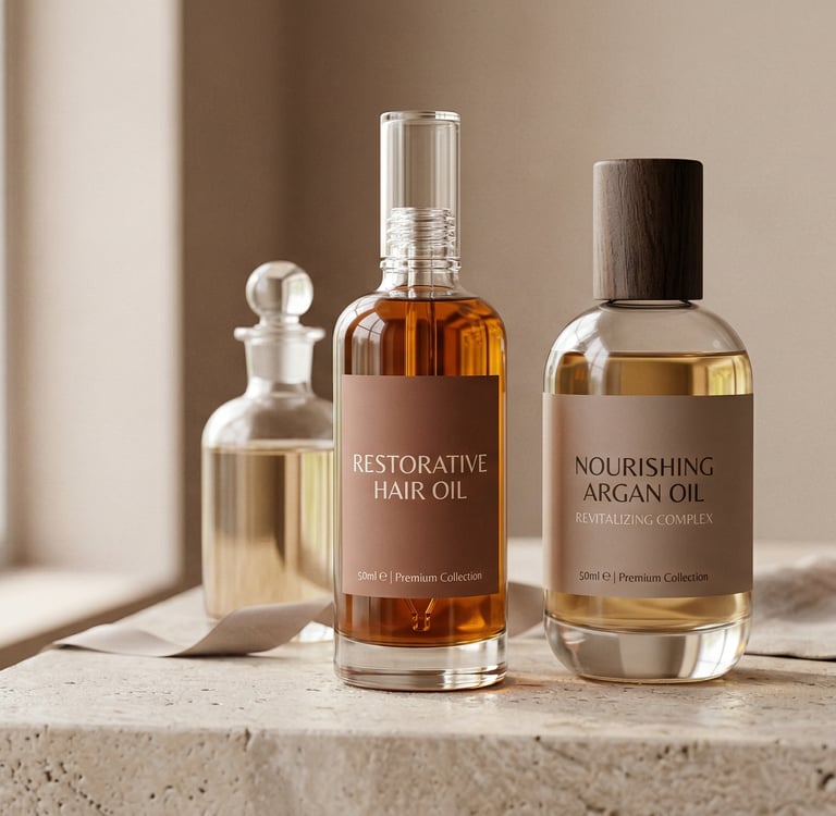 Glass bottles of restorative hair oil and nourishing argan oil for natural hair care treatment.