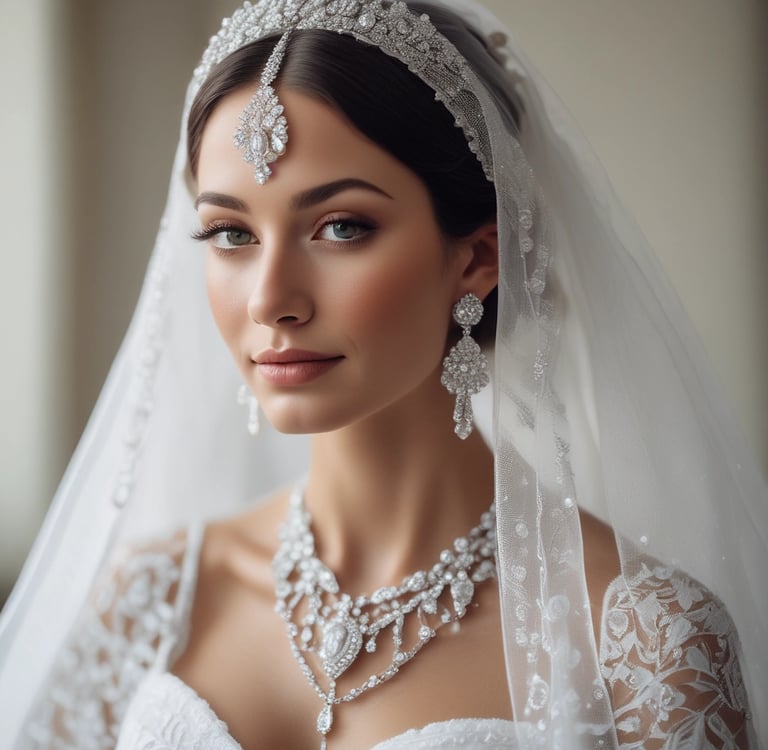 Elegant bride wearing a white veil and a luxurious diamond jewelry set with a necklace and headpiece.