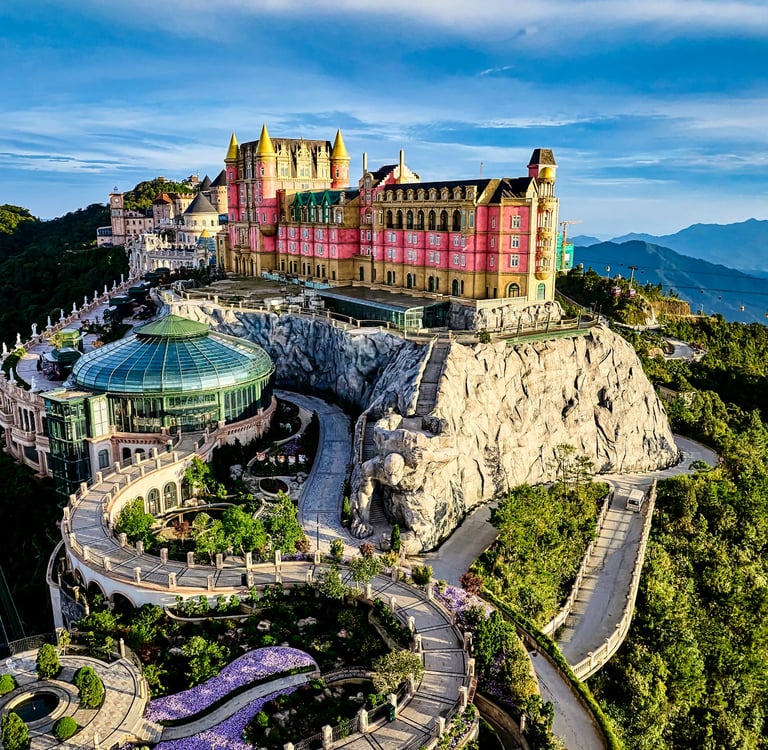 Ba Na Hills Da Nang with French Village buildings and mountain views