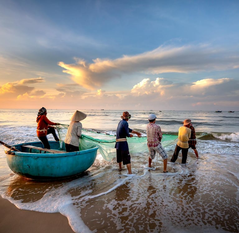 Morning fishing in Da Nang with nets and basket boat