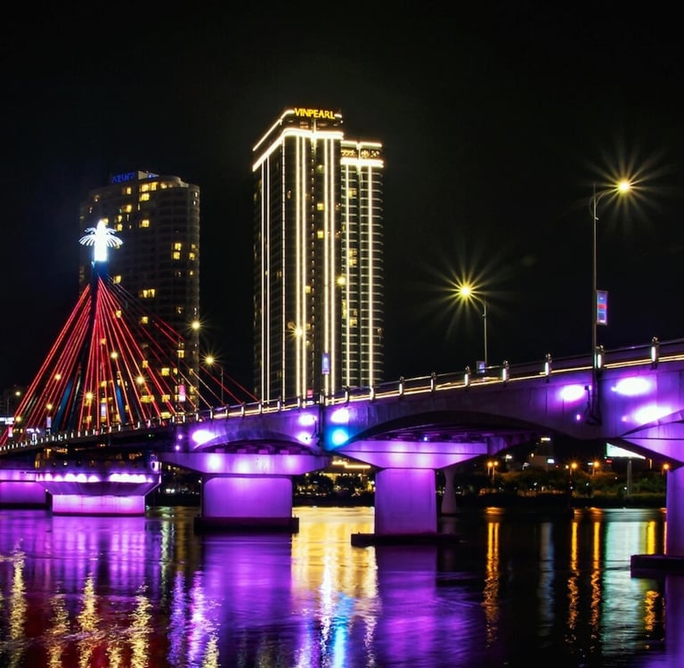 Night view of Han River Bridge with lights in Da Nang