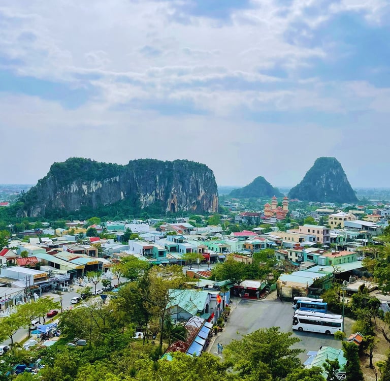 View of Marble Mountains and surrounding village in Da Nang, Vietnam