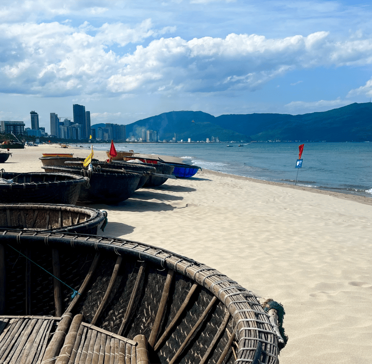 Traditional basket boats on My Khe Beach, Da Nang, Vietnam