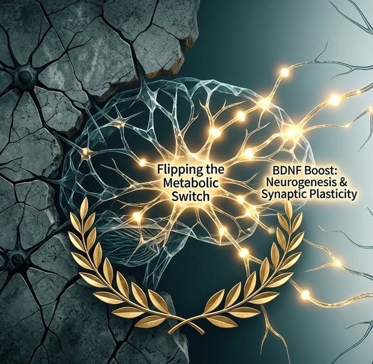 "A striking conceptual 3:2 hero image titled 'The Neural Awakening' for the post 'The Fasting Brain.