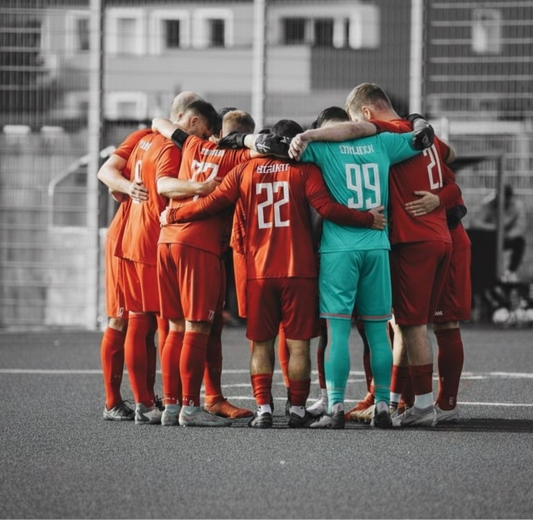a group of soccer players huddle around a soccer field