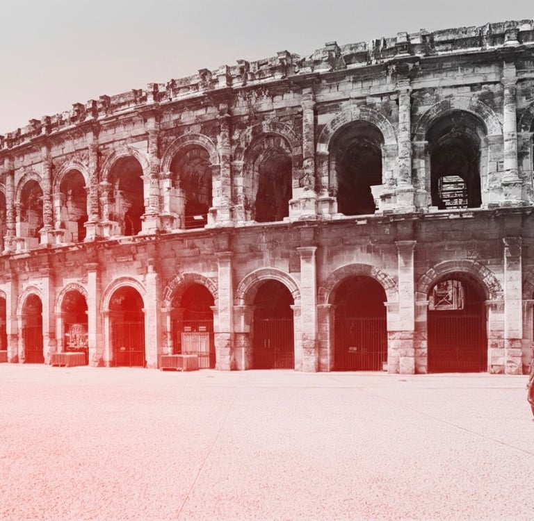 a man standing in front of a large colliseum arena