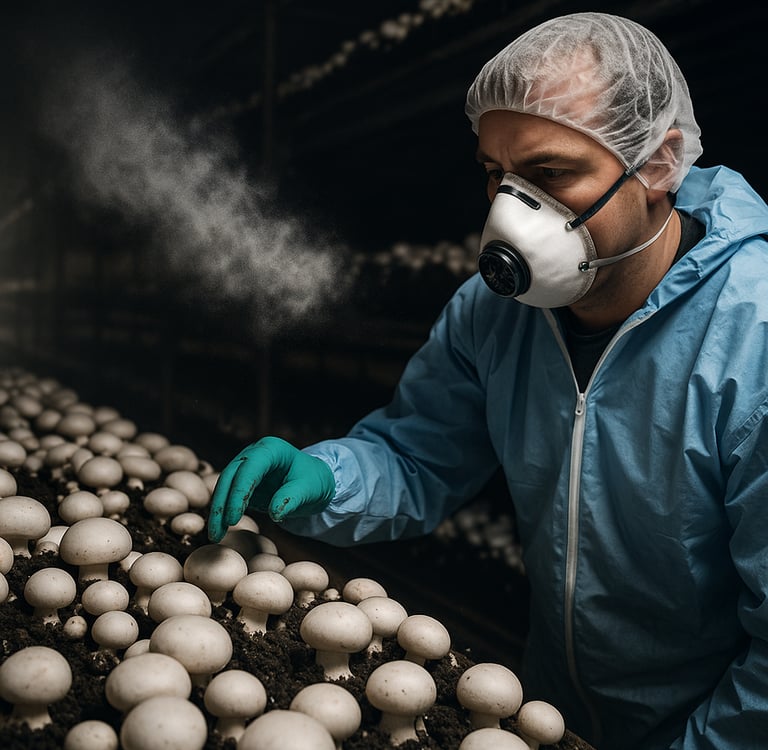 mushroom working wearing a mask to protect from spores