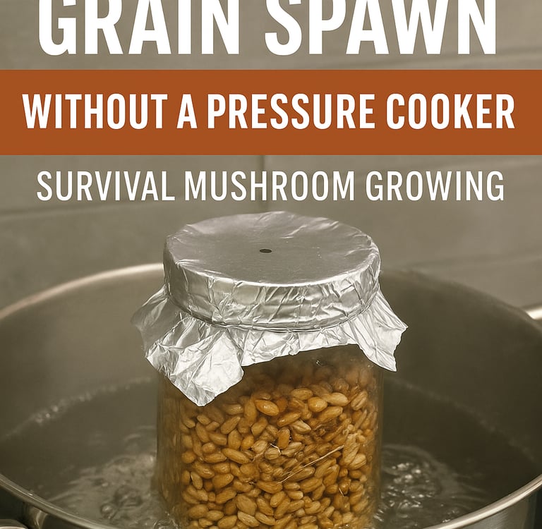 Glass jar of grain with foil lid sitting in a pot of boiling water, showing a low-tech method to ste