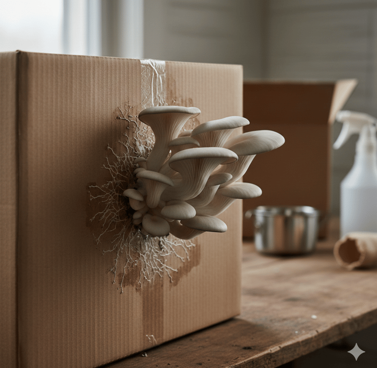 mushrooms growing out of cardboard box