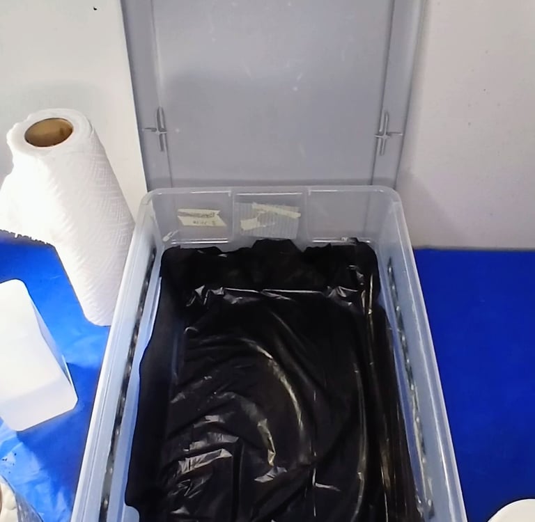 a tubbed lined with a black liner to prevent side pins in mushroom cultivation