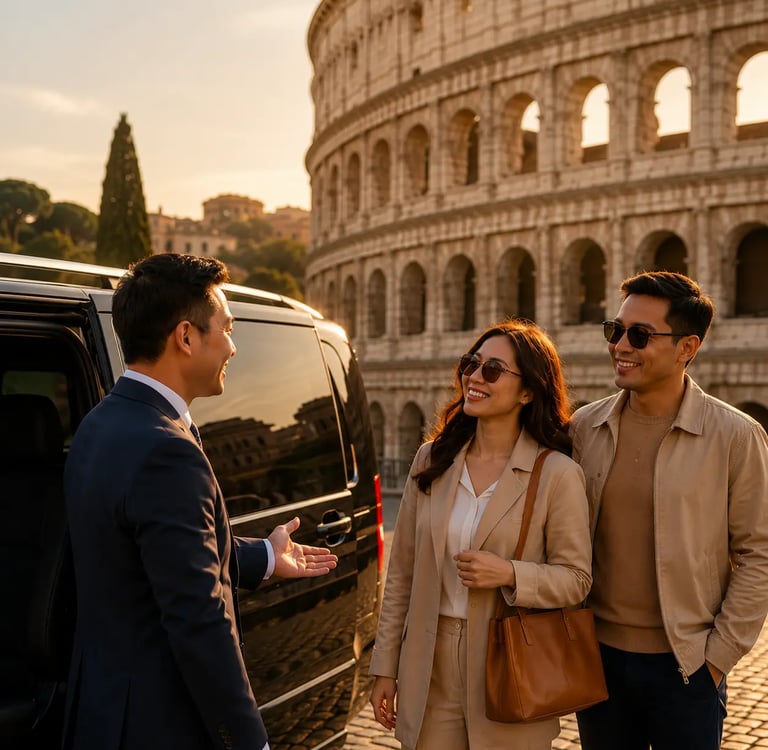 Filipino driver in Rome welcoming travelers for a private tour at the Colosseum with Phil Europe Pri