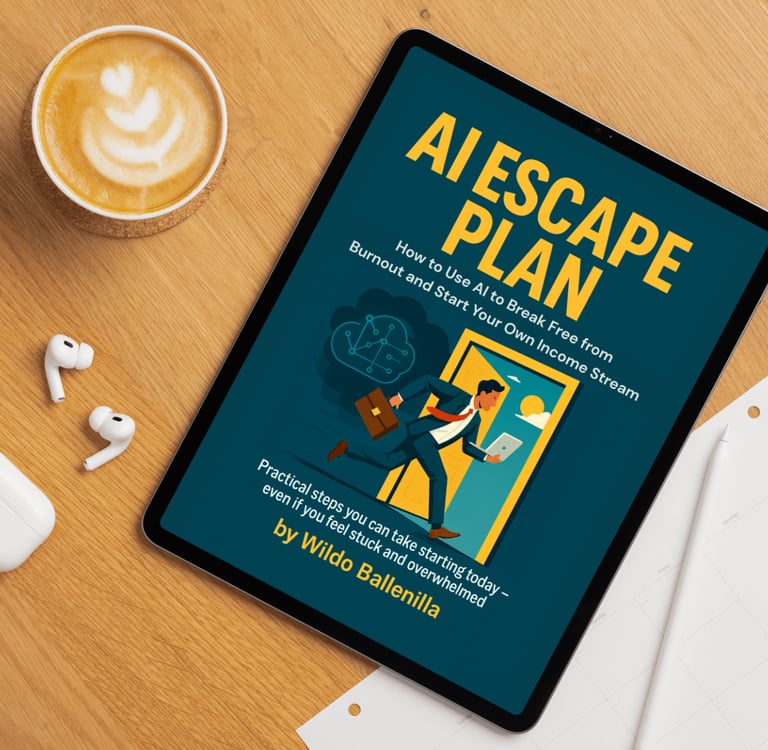 a tablet computer with the AI Escape Plan eBook sitting on a table with a cup of coffee